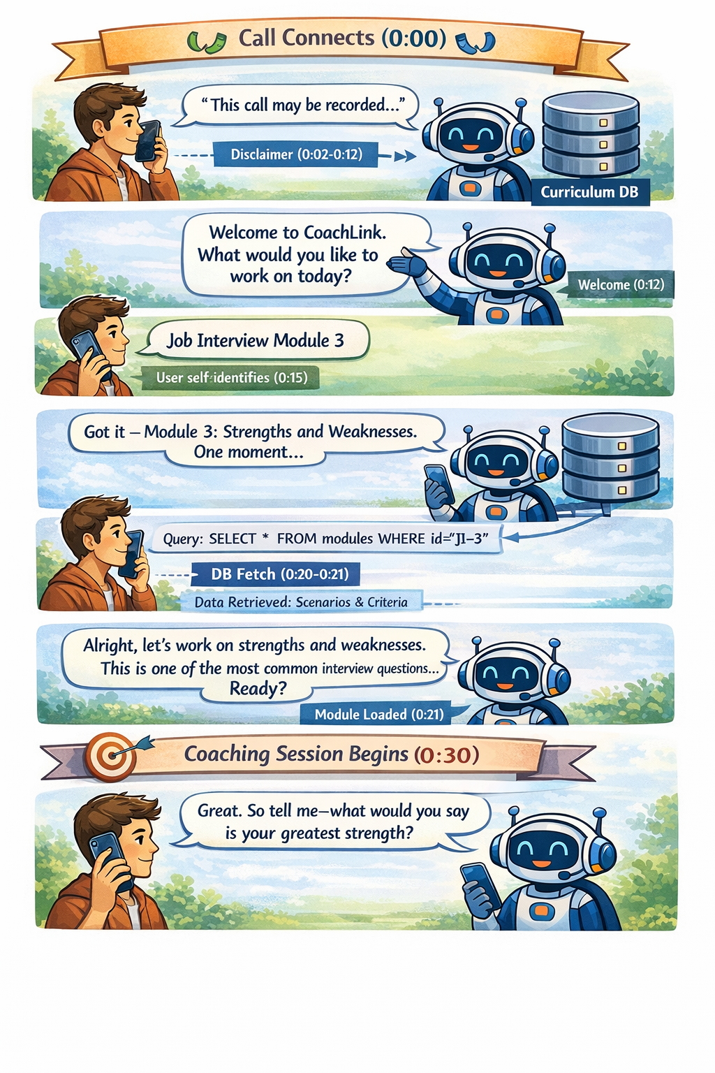 Curriculum retrieval flow showing a user calling CoachLink, selecting a module, and beginning a coaching session